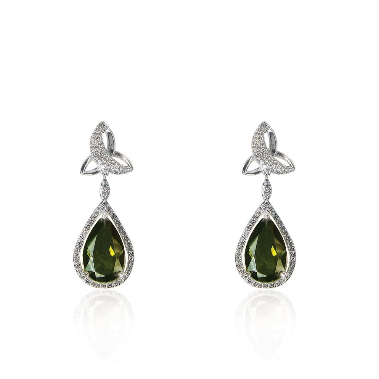 Crafted in silver, these post earrings are a smaller version of the Trinity drop pendant and feature the same intricate details as the pendant. These elegant earrings showcase two elements, the trinity knot and emerald green center stone, that are forever intertwined in a distinctive Celtic design.