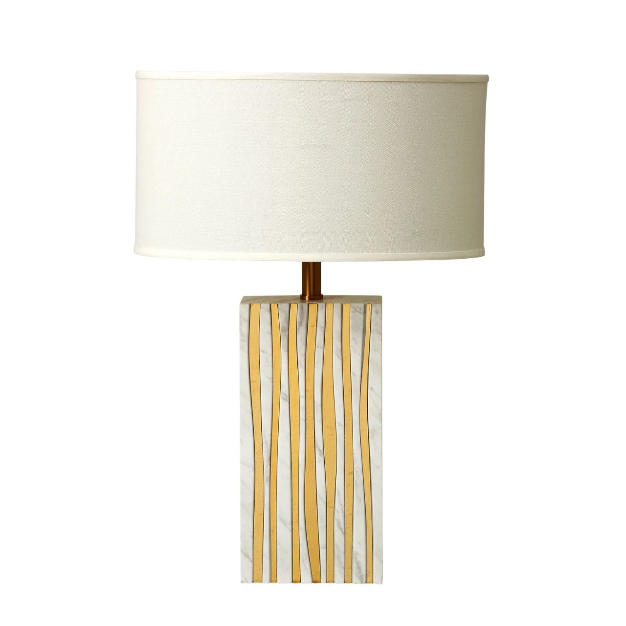 A smooth marble effect base combined with waves of brass details adds an organic feel to this lamp. The shade is unique in shape - oval with detail on top.