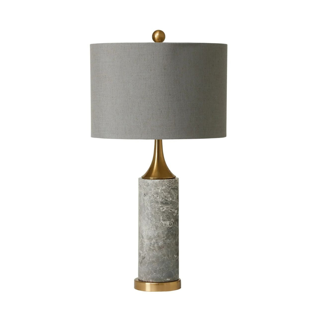 The high point of this contemporary table lamp has to be its beautiful grey marble base. The gold brass accents brings out the quality in the design. Finished with a slate grey shade. Opulent and classic lamp in style.