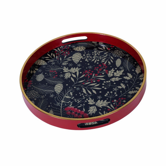 Christmas Forest Pine Tray by Mindy Brownes Interiors  A stunning circular tray, with a berry red surround, gold rim and a navy and gold foliage design in the center with pops of glitter. An ideal styling accessory this Christmas season.