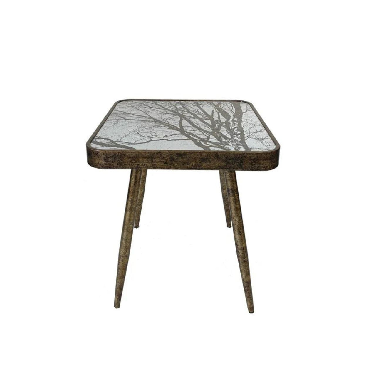 Introducing our Forest Scene Side Table – a perfect blend of urban style and natural beauty. Featuring a sleek industrial frame and a unique treetop print, this table adds a touch of wilderness to any space.