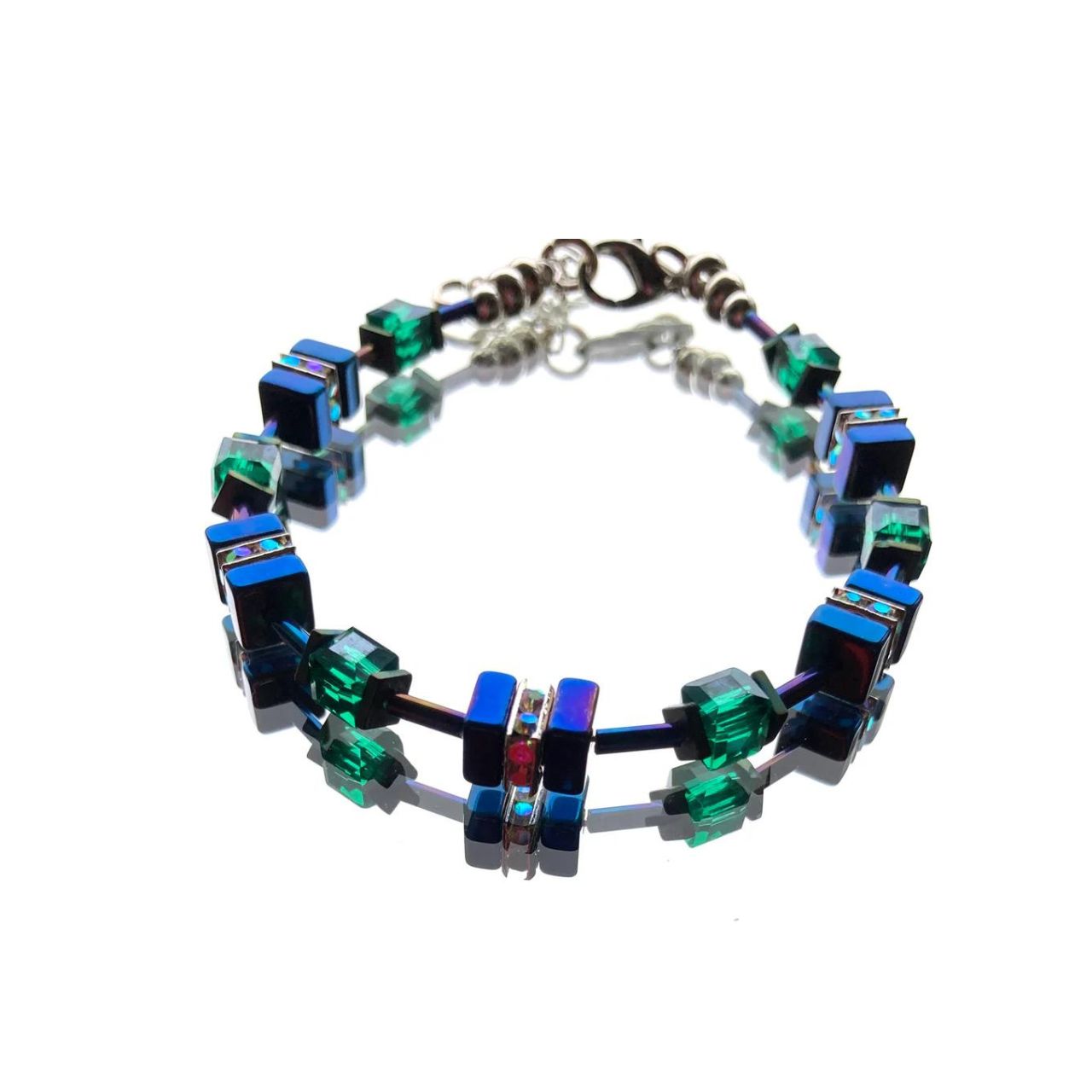 Blue and Green Hematite and Crystal Cube Bracelet by Mishe