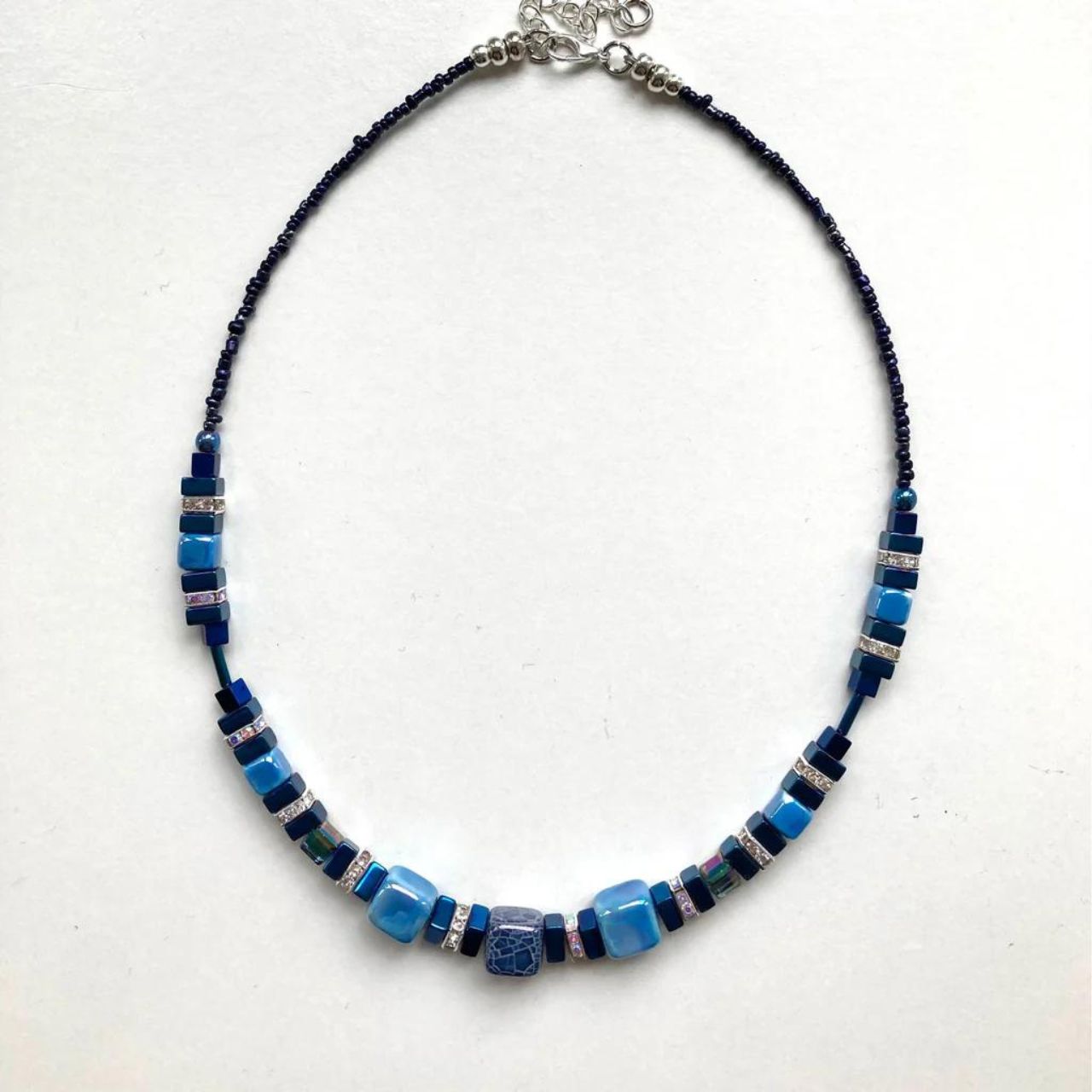 Blue Ceramic and Gemstone Cube Necklace by Mishe Jewellery