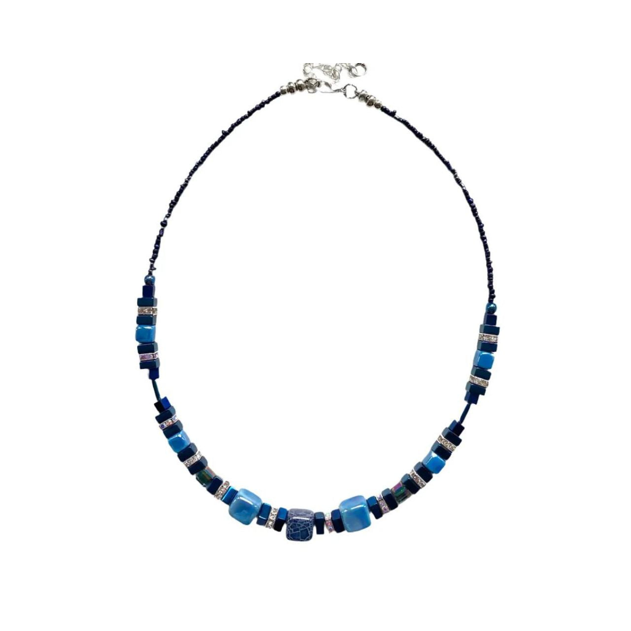 Blue Ceramic and Gemstone Cube Necklace by Mishe Jewellery