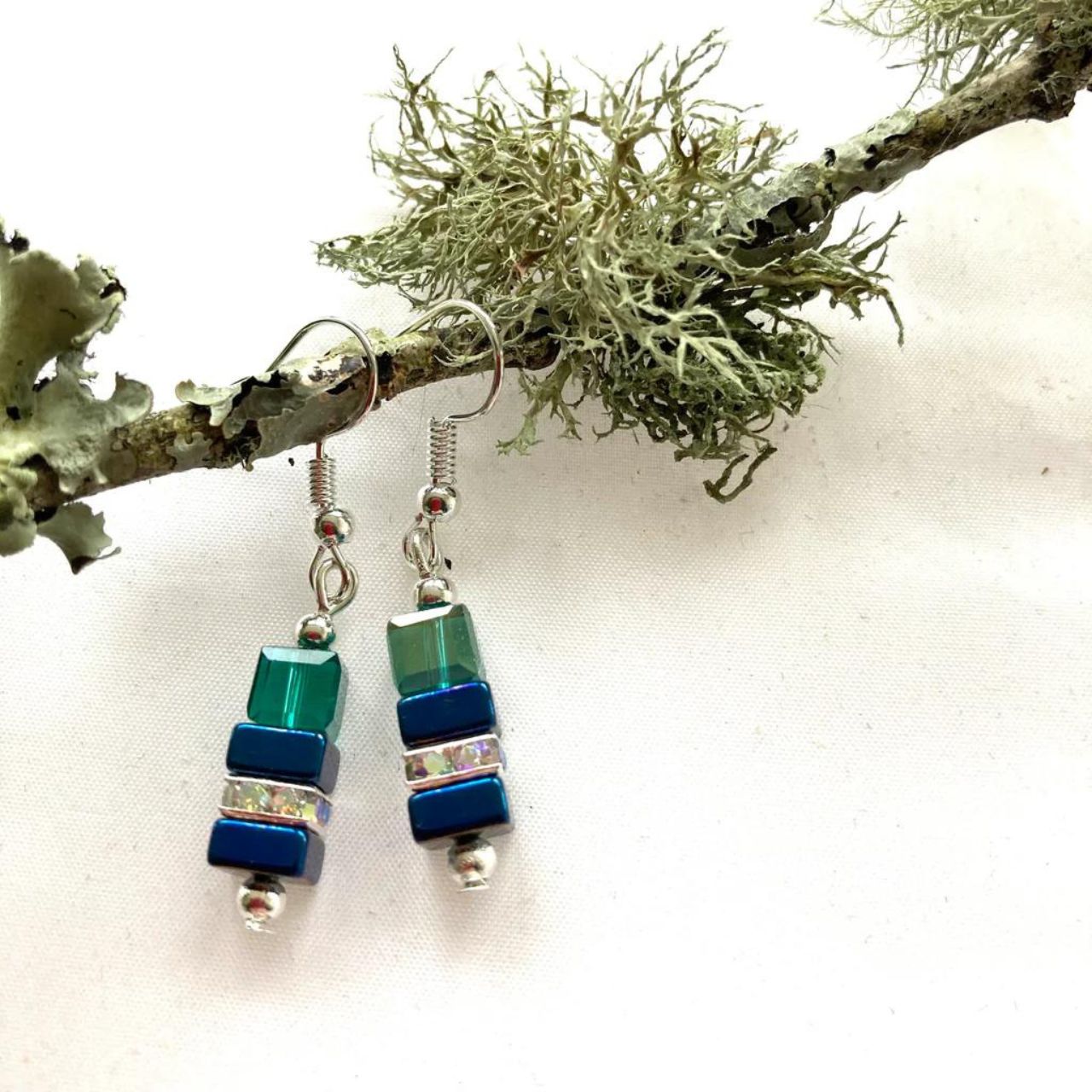 Blue and Green Hematite and Crystal Cube Earring by Mishe Jewellery