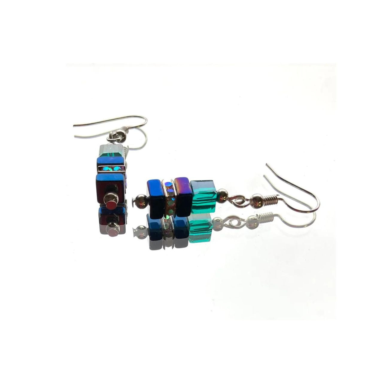 Blue and Green Hematite and Crystal Cube Earring by Mishe Jewellery