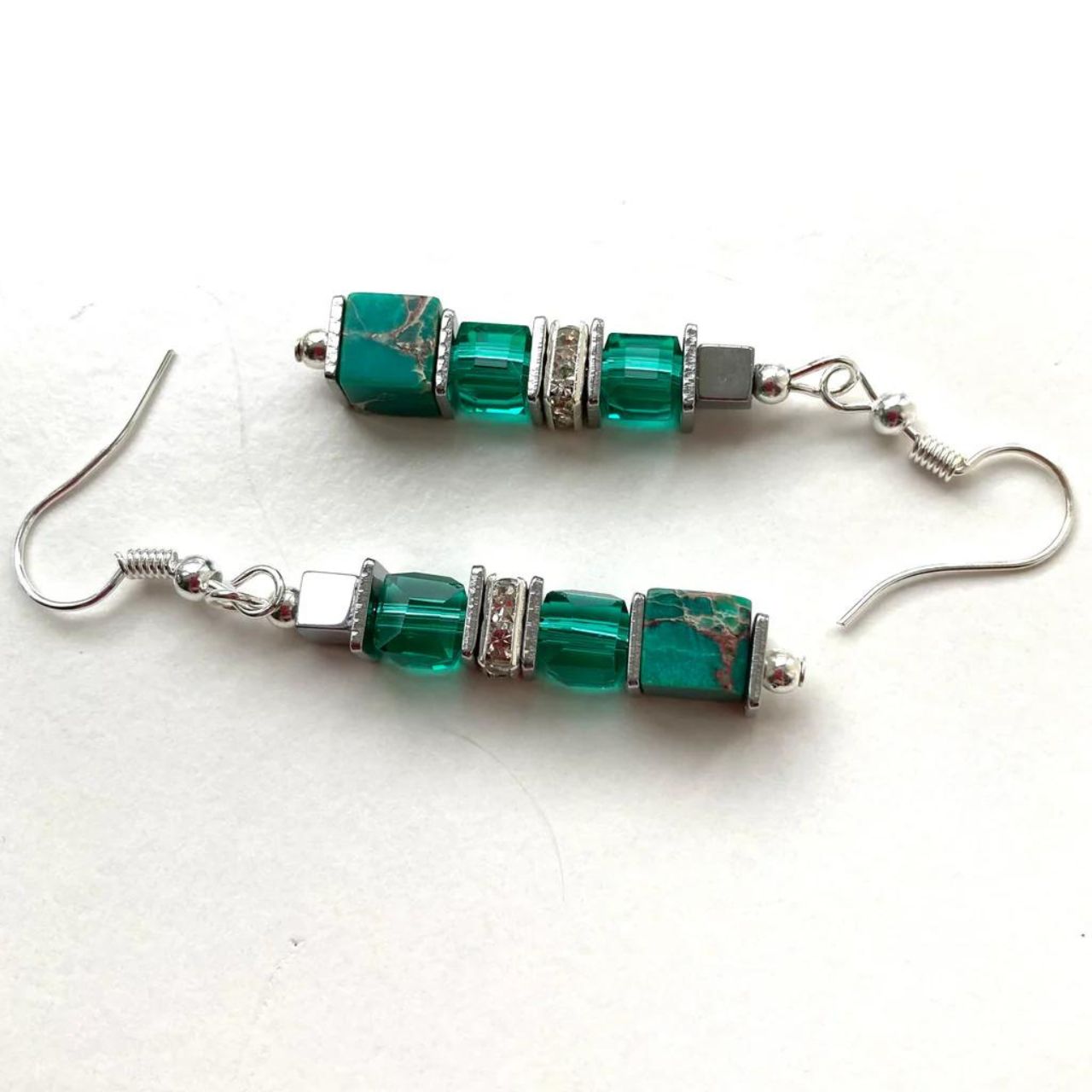 Green Gemstone & Crystal Drop Earrings by Mishe Jewellery