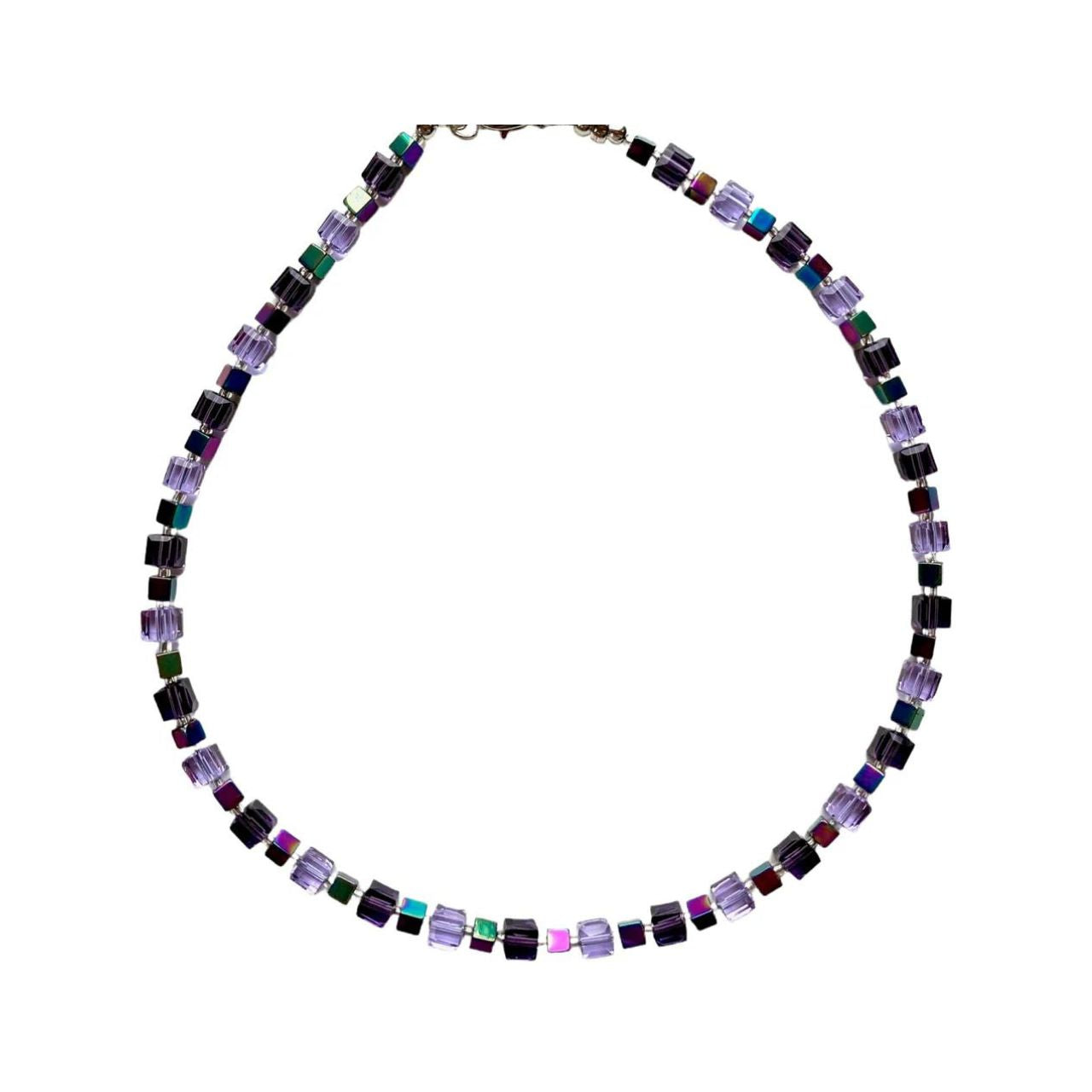 In this harmonious combination of purple hues, faceted Crystal Cubes in shades of purple and lilac are interspersed with iridescent Hematite gemstone Cubes in this light and pretty necklace.