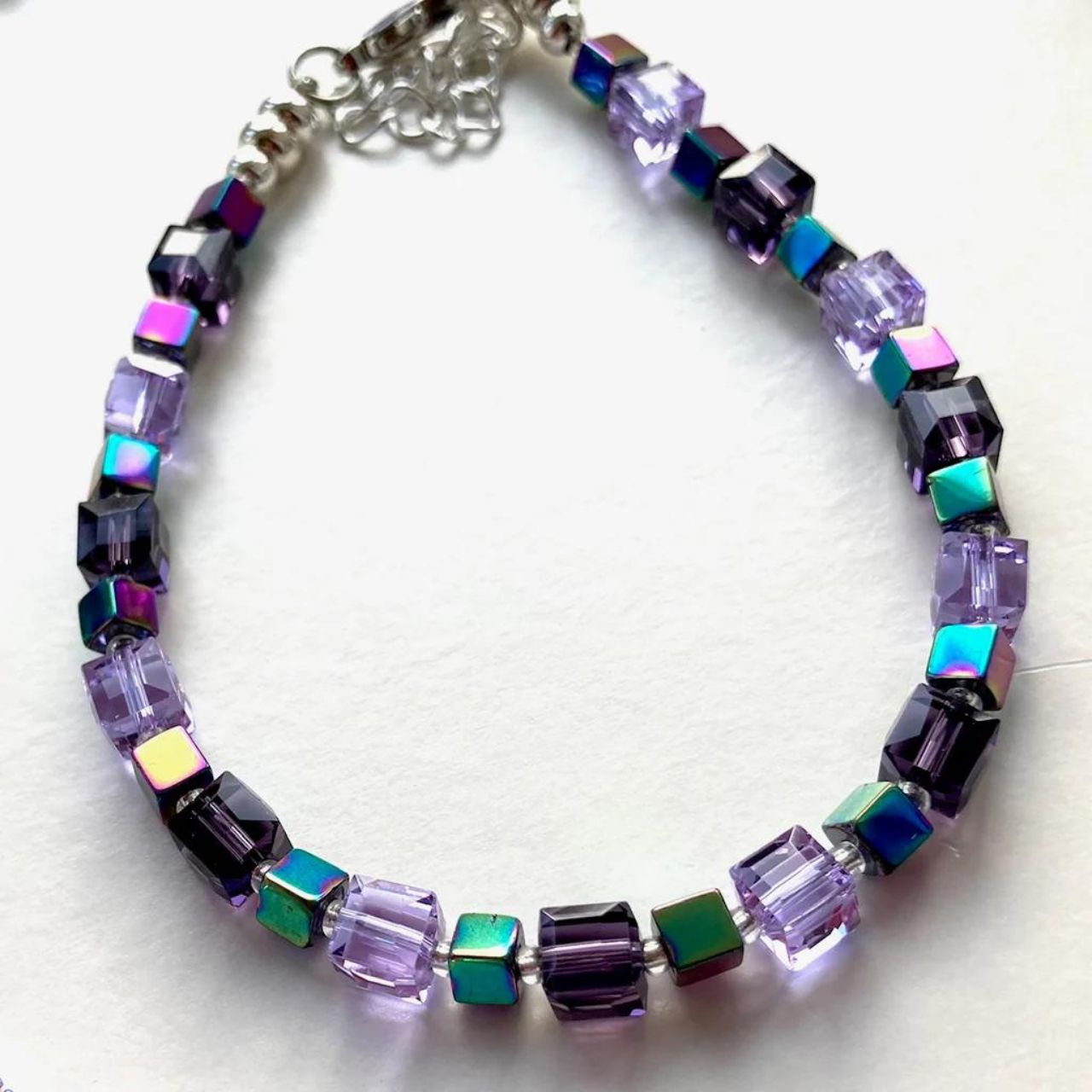 Purple & Lilac Crystal and Gemstone Cube Bracelet by Mishe