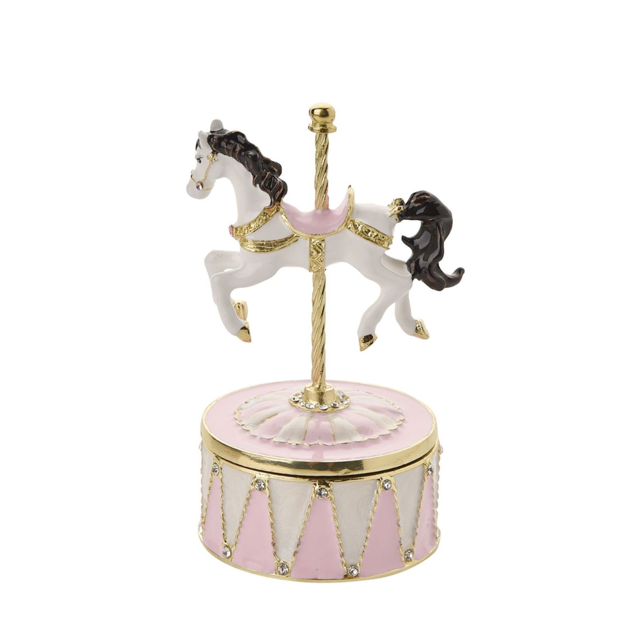 The predominantly white horse is adorned with a delightful pink saddle, while the base features a harmonious blend of pink and white hues.