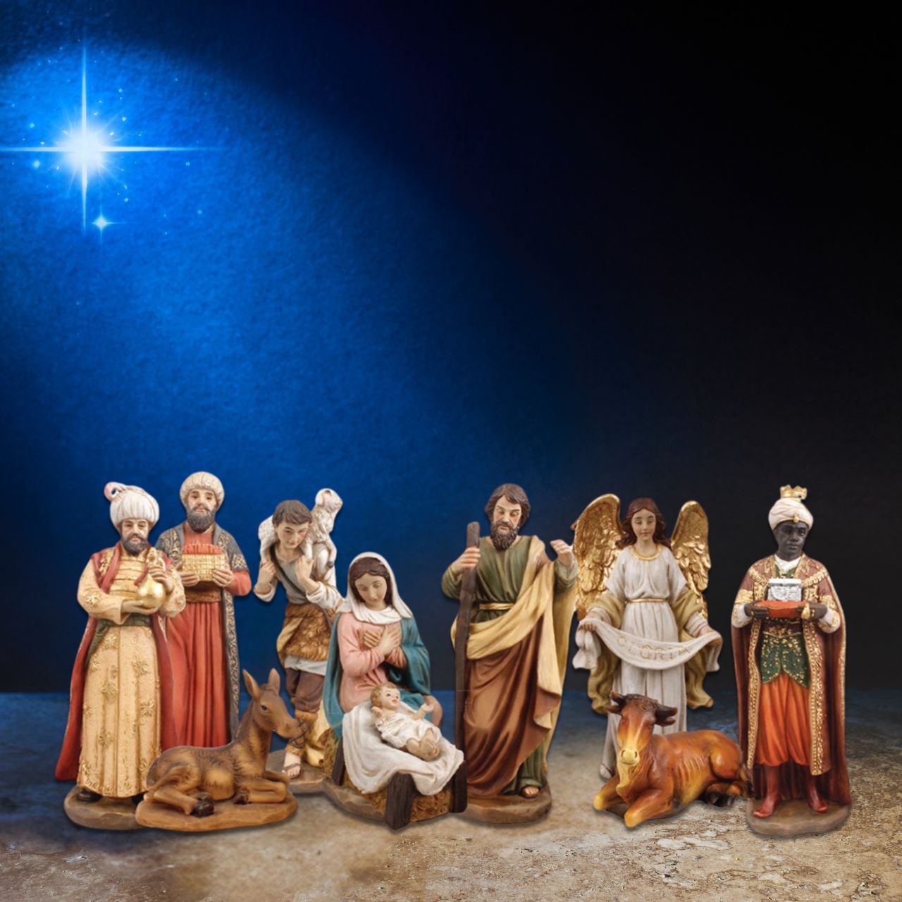 This Nativity 6” Resin Set includes 10 figures that are beautifully painted. The high-quality polyresin material allows for durability and longevity. All figures are intricately detailed and the perfect size to create a memorable display. This set is the perfect way to celebrate the birth of Jesus.