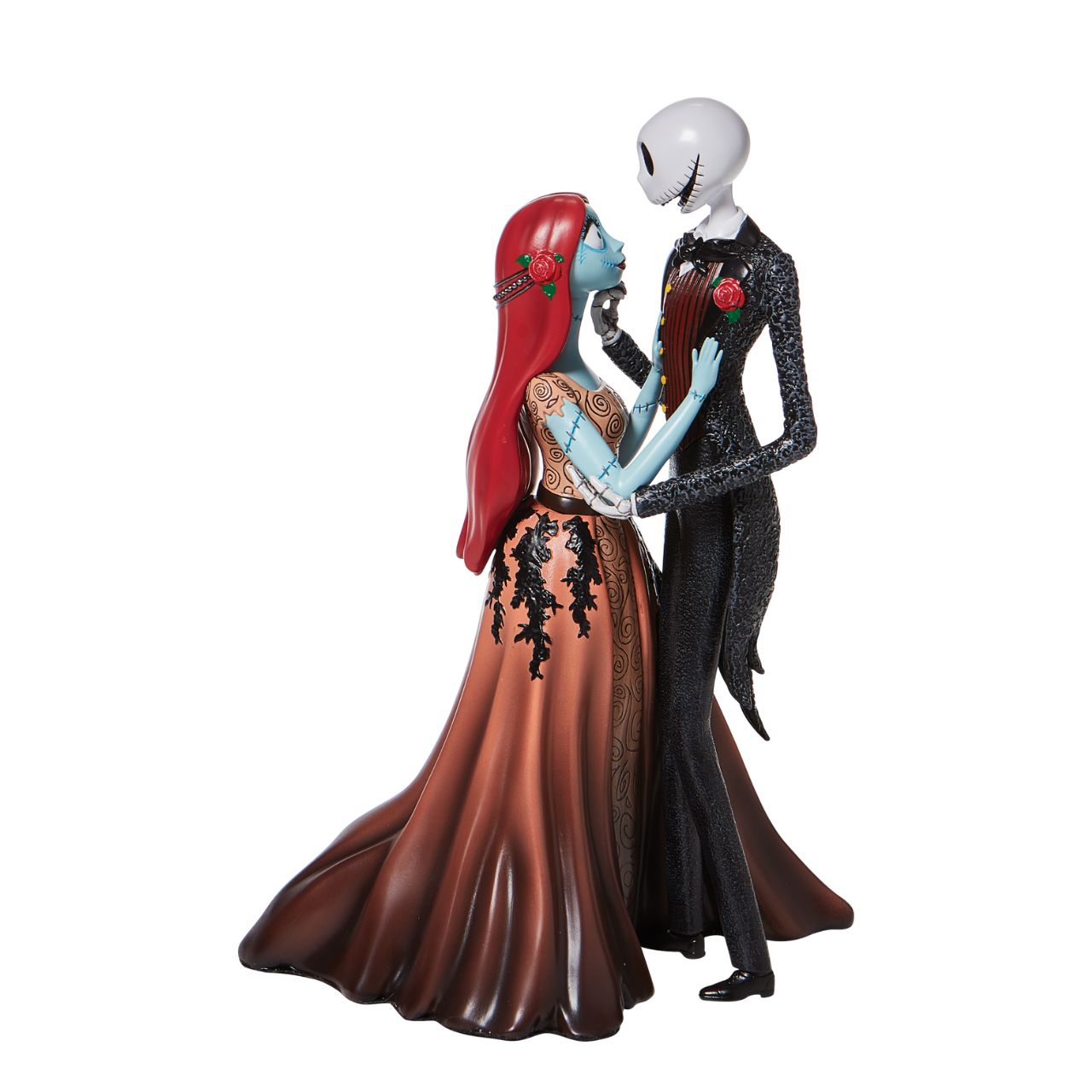 Disney Showcase Jack and Sally Couture de Force Figurine  Jack and Sally are an unlikely coupling of precious proportions. The Skellington king and ragdoll lock eyes in a romantic embrace in this show stopping Couture de Force Disney showcase piece. Wearing elegant robes, the pair prepare to dance the night away.