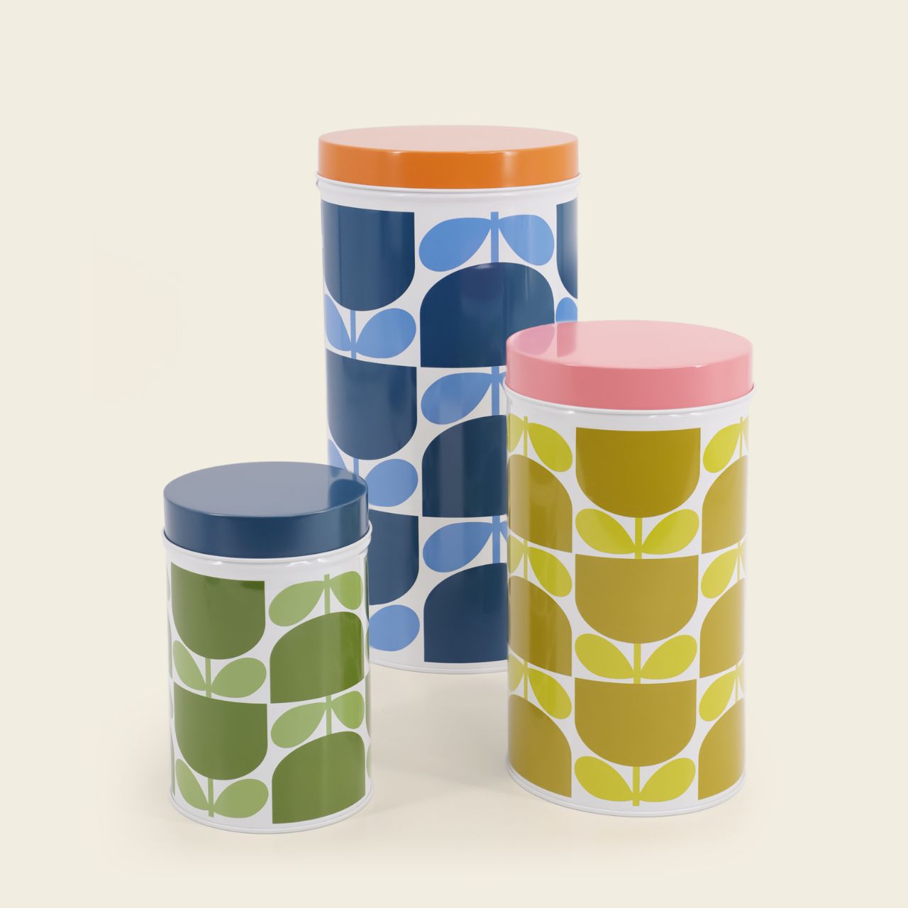 Orla Kiely Nesting Canister Tins - Set of 3 Block Flower  From one the world's top fashion designers Orla Kiely, comes these set of three metal storage canisters in her Block Flower design. A great addition to any kitchen counter top with their bright and so recognisable colour pallet.