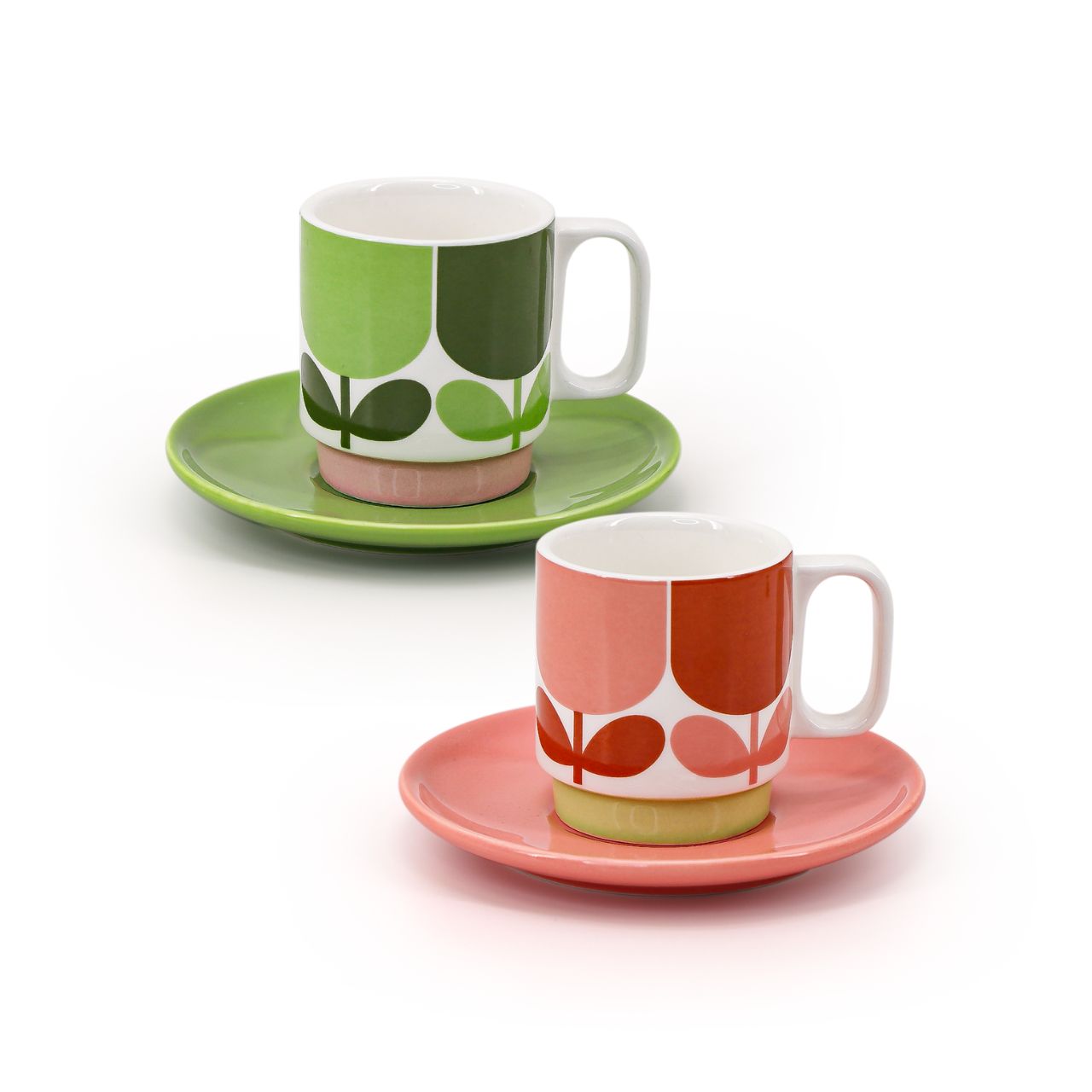 Orla Kiely Set 2 Espresso Cup & Saucer - Block Flower DESIGNED IN THE UK BY ORLA KIELY: This set of two espresso cup and saucer has a unique 'Block Flower' print.  Each cup is stamped with an authentic Orla Kiely logo.