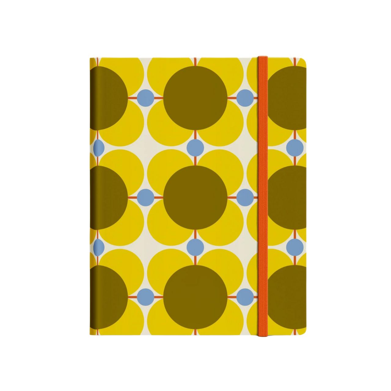 Orla Kiely Medium Notebook - Atomic Flower  Organize your goals, plans, and weekly shopping list in a sleek and stylish manner with our Atomic Flower notebook. Featuring a sturdy hardcover, rounded corners, elastic closure, and matching ribbon bookmark, this notebook also includes a grid square paper layout and an expandable inner back pocket.