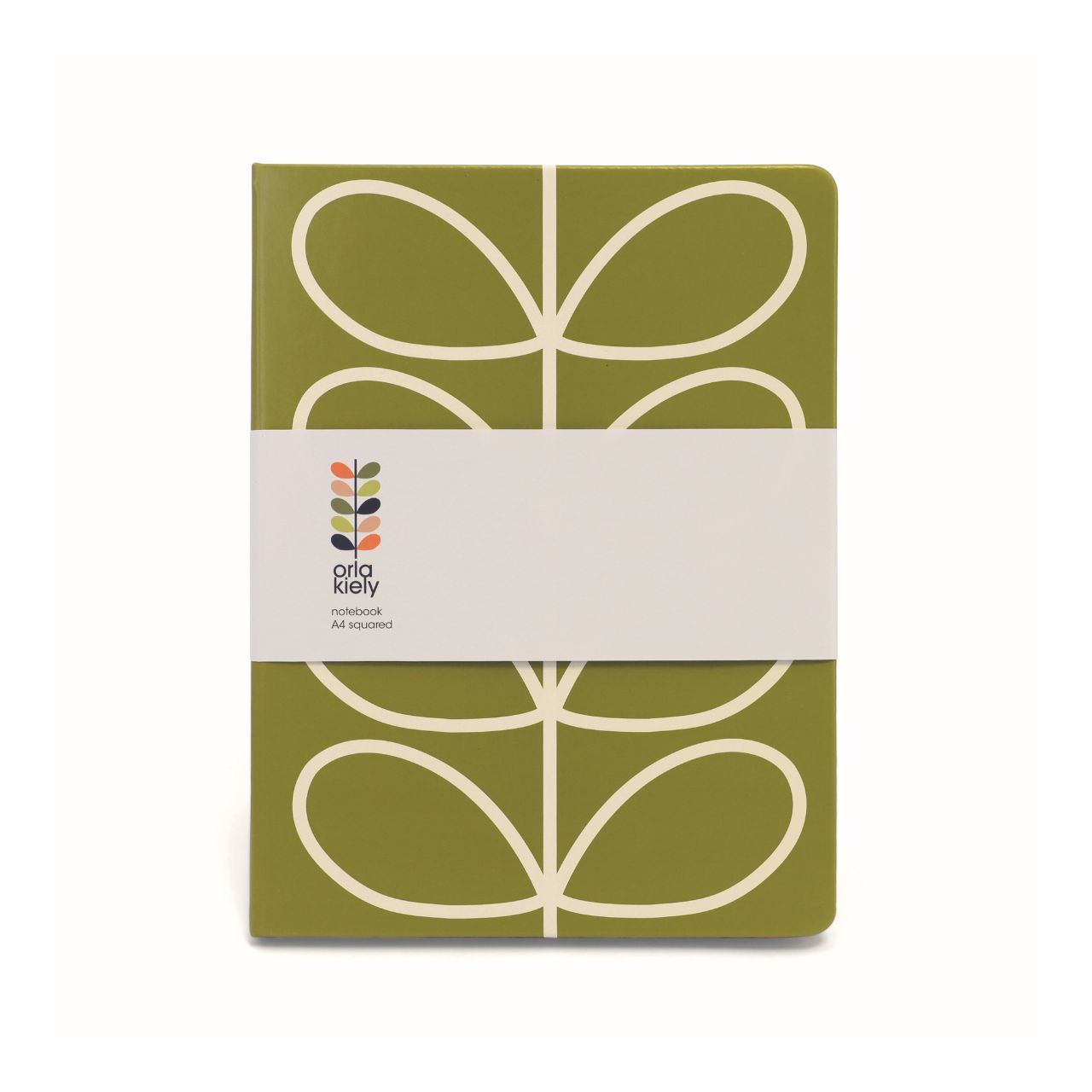 Orla Kiely Linear Stem Olive Medium Notebook  Organize your goals, plans, and weekly shopping list in a sleek and stylish manner with our Linear Stem Olive notebook. Featuring a sturdy hardcover, rounded corners, elastic closure, and matching ribbon bookmark, this notebook also includes a grid square paper layout and an expandable inner back pocket.