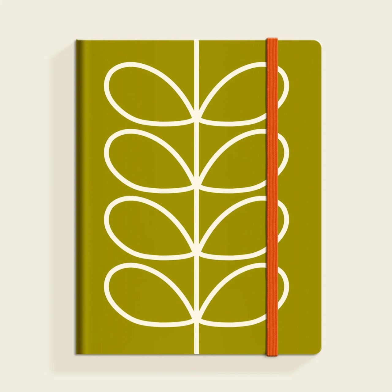 Orla Kiely Linear Stem Olive Medium Notebook  Organize your goals, plans, and weekly shopping list in a sleek and stylish manner with our Linear Stem Olive notebook. Featuring a sturdy hardcover, rounded corners, elastic closure, and matching ribbon bookmark, this notebook also includes a grid square paper layout and an expandable inner back pocket.