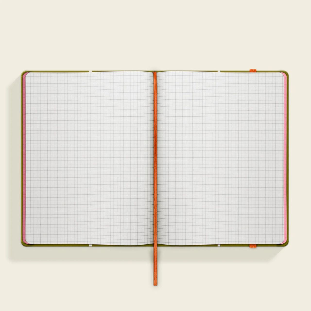 Orla Kiely Linear Stem Olive Medium Notebook  Organize your goals, plans, and weekly shopping list in a sleek and stylish manner with our Linear Stem Olive notebook. Featuring a sturdy hardcover, rounded corners, elastic closure, and matching ribbon bookmark, this notebook also includes a grid square paper layout and an expandable inner back pocket.