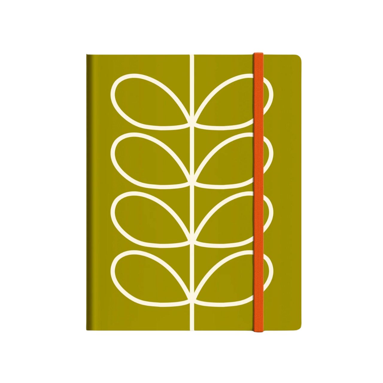 Orla Kiely Linear Stem Olive Medium Notebook  Organize your goals, plans, and weekly shopping list in a sleek and stylish manner with our Linear Stem Olive notebook. Featuring a sturdy hardcover, rounded corners, elastic closure, and matching ribbon bookmark, this notebook also includes a grid square paper layout and an expandable inner back pocket.