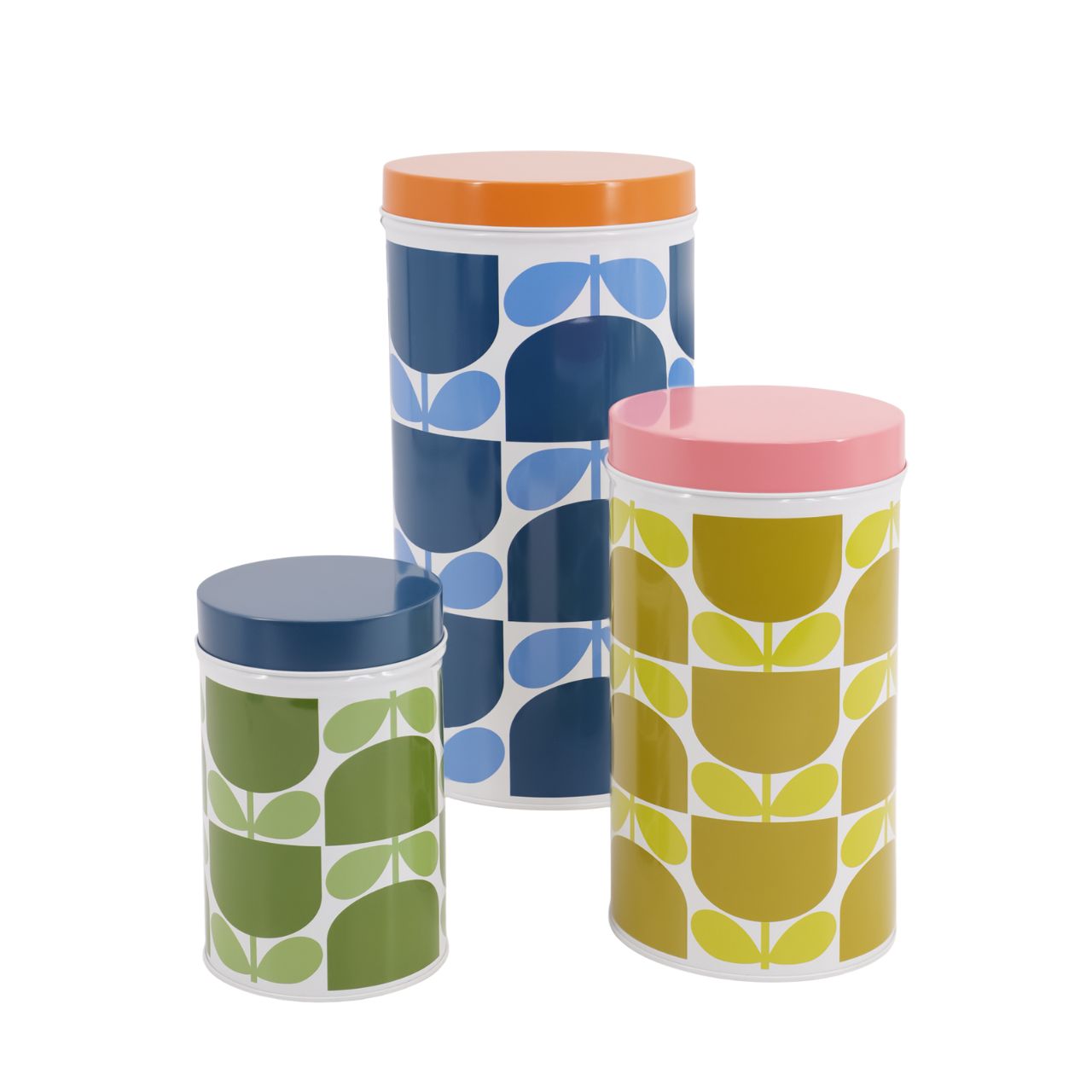 Orla Kiely Nesting Canister Tins - Set of 3 Block Flower  From one the world's top fashion designers Orla Kiely, comes these set of three metal storage canisters in her Block Flower design. A great addition to any kitchen counter top with their bright and so recognisable colour pallet.