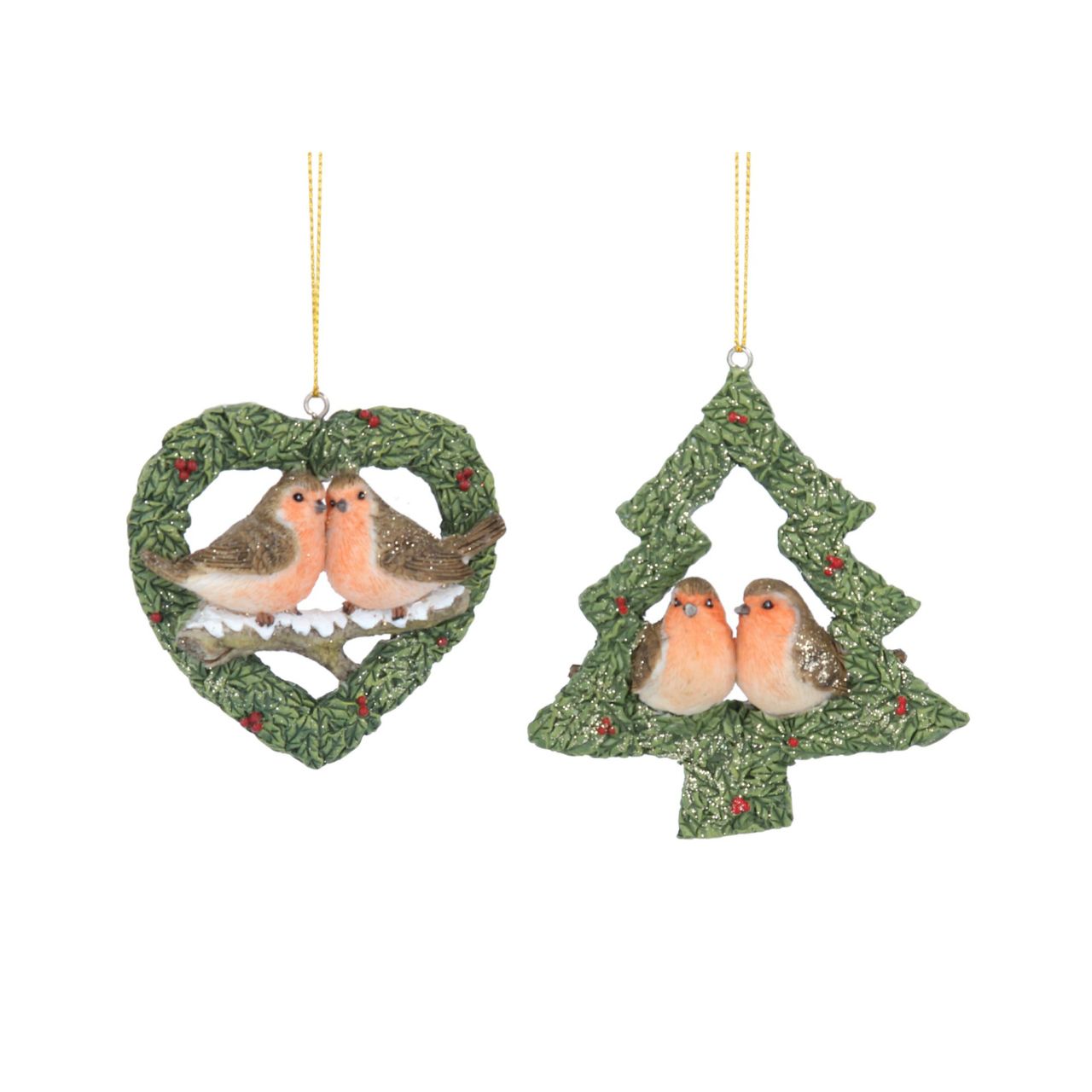 Gisela Graham Pair of Robins Christmas Hanging Ornament - Heart/Tree  This Pair of Robins Christmas Hanging Ornament is the perfect addition to your holiday decorations. Crafted with heart or tree detail, this ornament will add a classic, festive touch to any room. Add a classic holiday charm to your home with this delightful ornament.