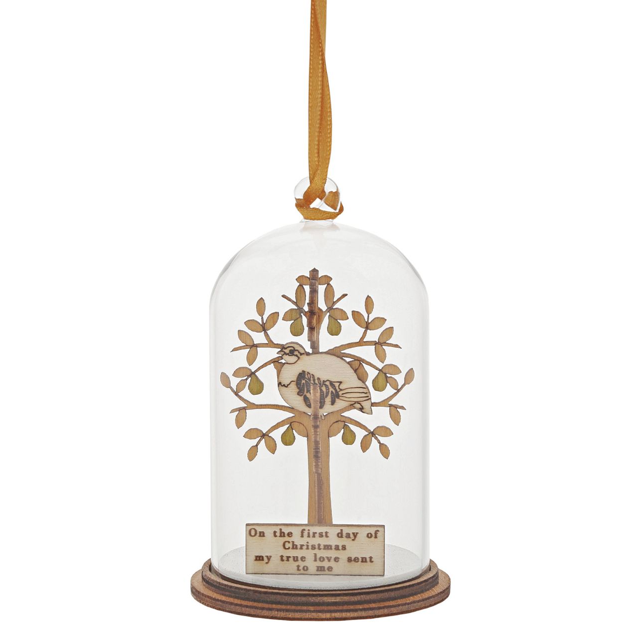 The Spirit of Christmas. A collection of delightful wooden decorations that capture the essence of that special time of year. This glass dome, Christmas decoration encases a Partridge, adorned with a pear tree and ribbon to help hang off your Christmas tree. This classic vintage style, decorative Kloche will make a stunning display in your home.