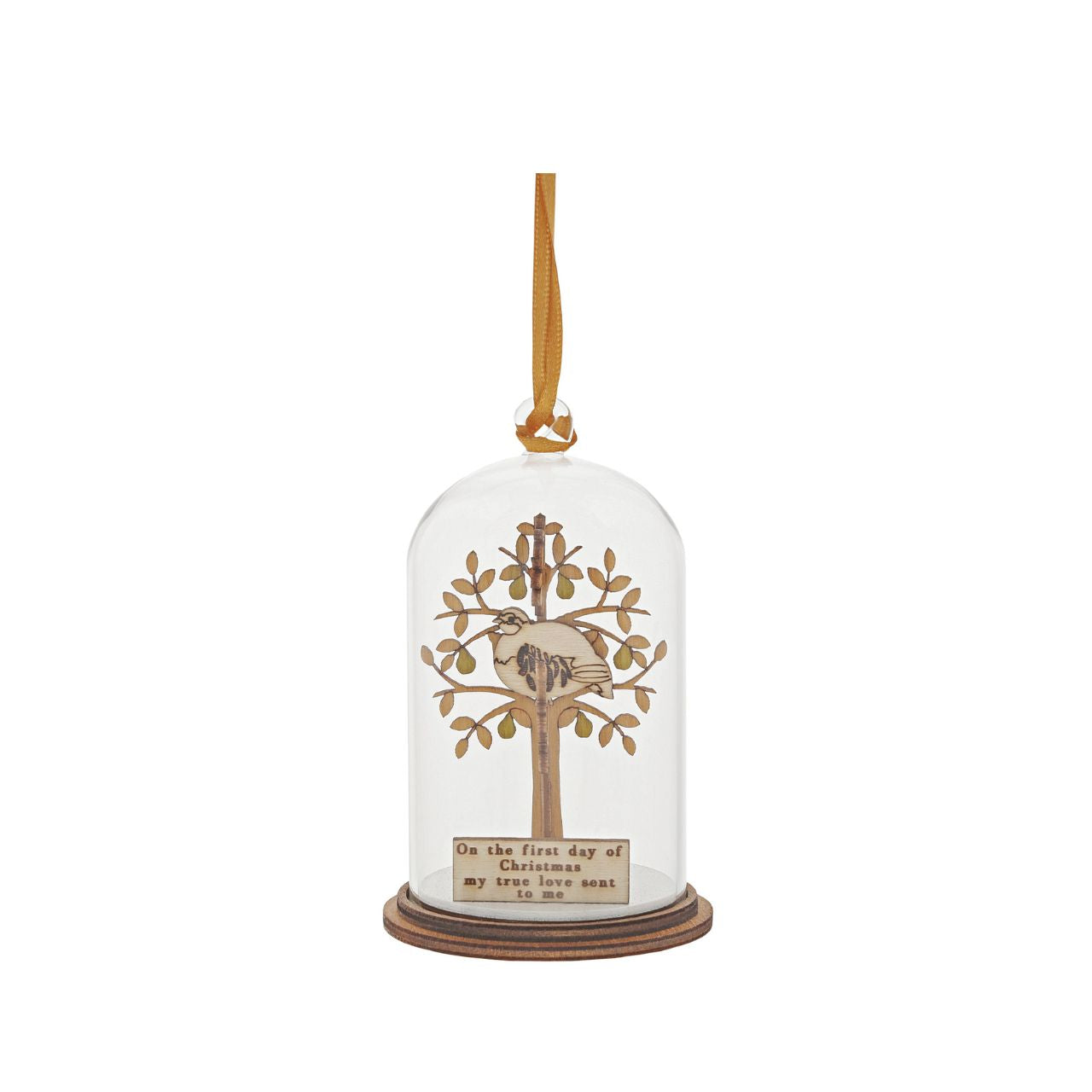 The Spirit of Christmas. A collection of delightful wooden decorations that capture the essence of that special time of year. This glass dome, Christmas decoration encases a Partridge, adorned with a pear tree and ribbon to help hang off your Christmas tree. This classic vintage style, decorative Kloche will make a stunning display in your home.