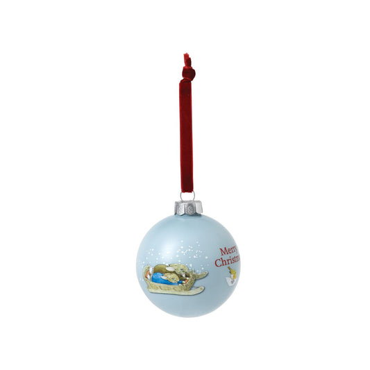 Wish someone a very Merry Christmas with this Peter &amp; Benjamin's Fun in the Snow Bauble. This bauble would make a treasured keepsake over the festive period, and would be take pride of place on the Christmas tree. Presented in a branded box.