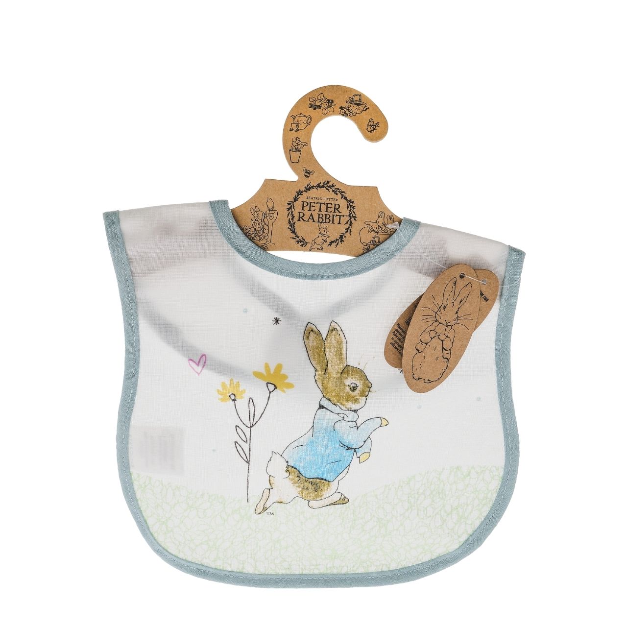 Beatrix Potter Peter Rabbit Children's Bib  Make mealtimes super fun with this beautiful Flopsy Bib. This is a fun and practical bib, has been perfectly detailed with original Flopsy illustrations, taken from the Beatrix Potter stories. This bib is not only easy to wear, but practical too with its wipeable coating.