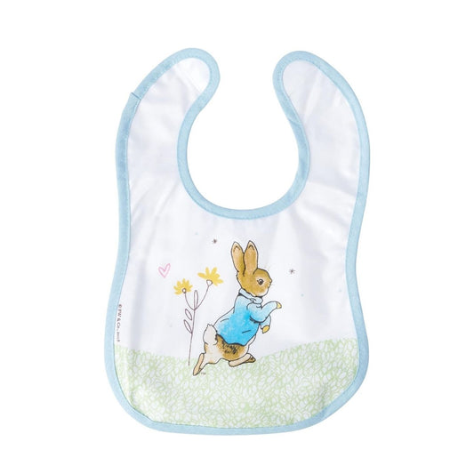 Beatrix Potter Peter Rabbit Children's Bib  Make mealtimes super fun with this beautiful Flopsy Bib. This is a fun and practical bib, has been perfectly detailed with original Flopsy illustrations, taken from the Beatrix Potter stories. This bib is not only easy to wear, but practical too with its wipeable coating.