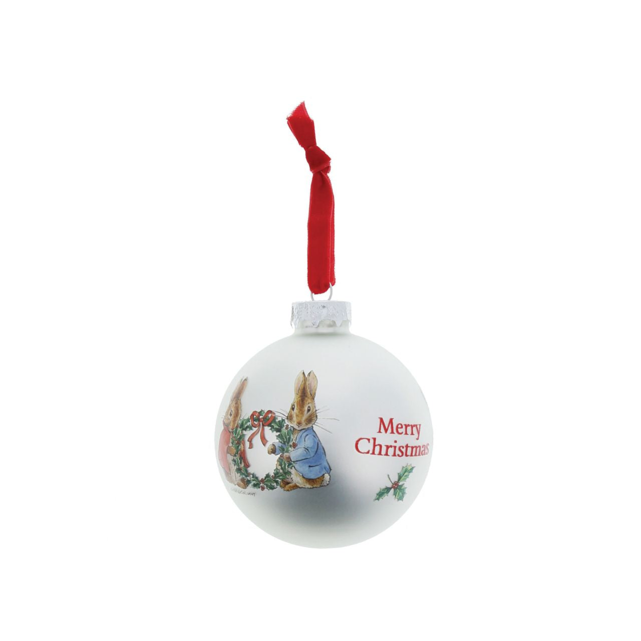 Add a touch of Beatrix Potter to your Christmas tree, with this winter collection inspired bauble. This Peter Rabbit and Flopsy Holding Holy Wreath bauble would make a heart-warming Christmas gift. 