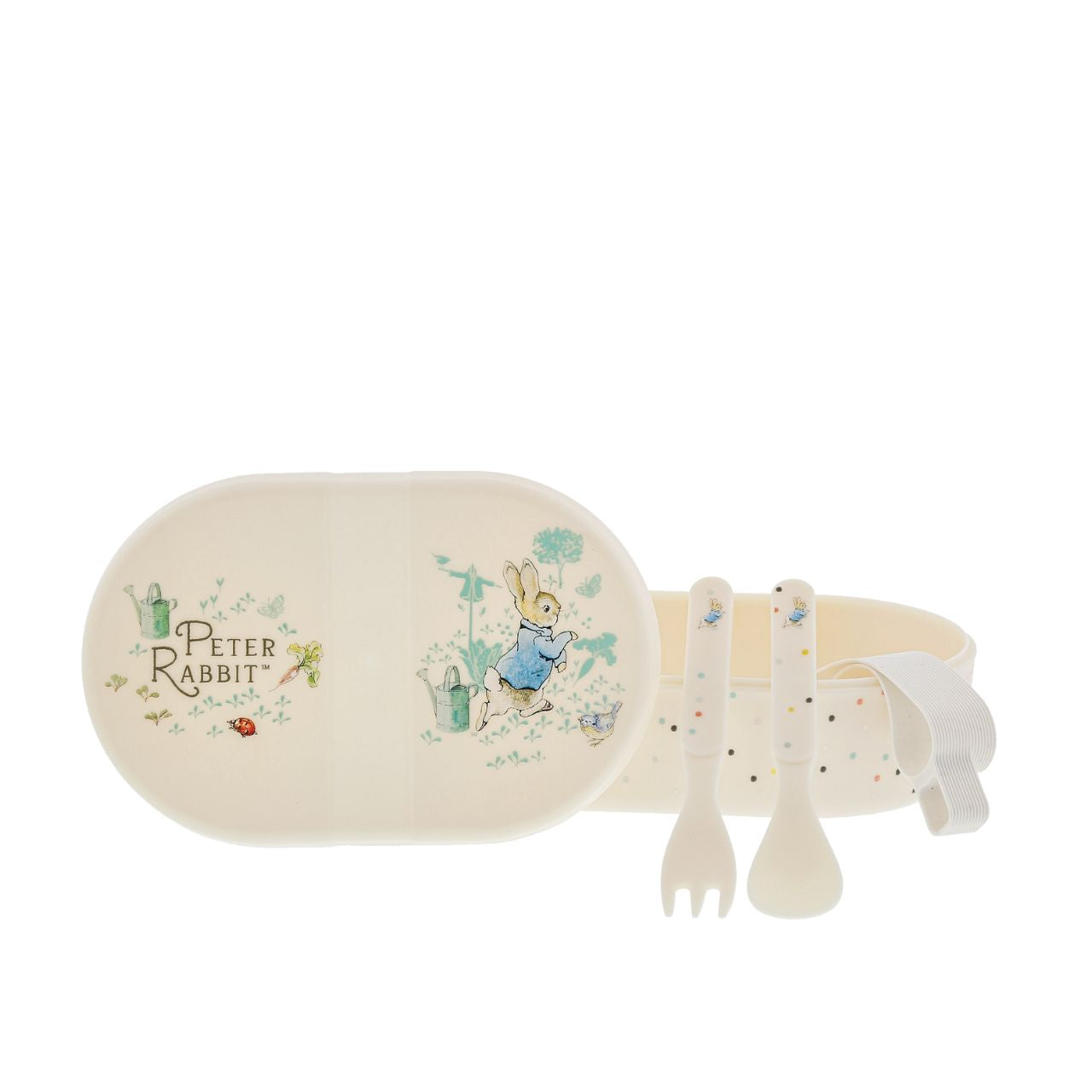 Beatrix Potter Peter Rabbit Snack Box with Cutlery Set  Introducing this brand new at home with Peter Rabbit collection. There's nothing quite like a fun Peter Rabbit motif to entice those little tummies to clear their plates. Make mealtimes fun and practical with this snack box set. Highly durable and can be used at home, in the garden, or on the go.