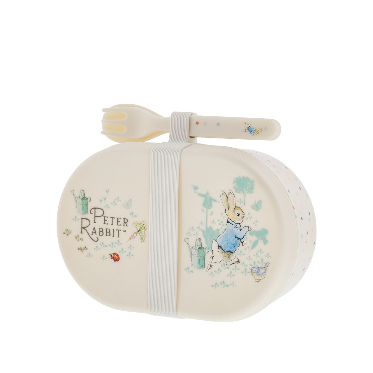 Beatrix Potter Peter Rabbit Snack Box with Cutlery Set  Introducing this brand new at home with Peter Rabbit collection. There's nothing quite like a fun Peter Rabbit motif to entice those little tummies to clear their plates. Make mealtimes fun and practical with this snack box set. Highly durable and can be used at home, in the garden, or on the go.