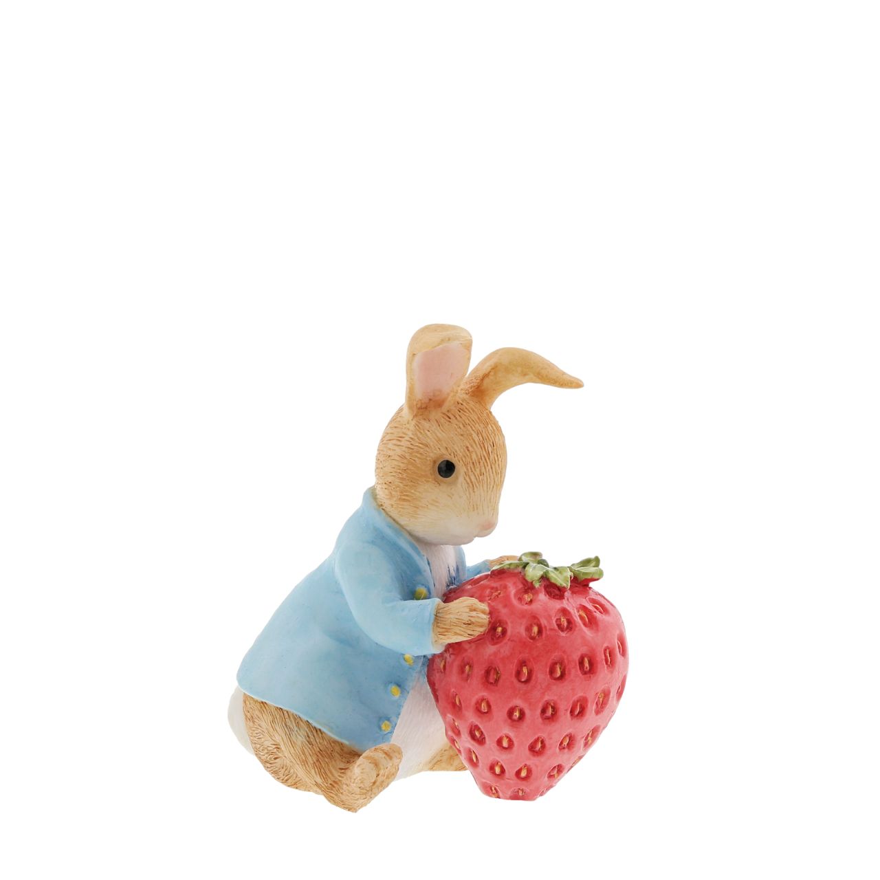 Beatrix Potter Peter Rabbit with Strawberry Figurine  Our mischievous and lovable bunny is ready to munch his way through this gigantic strawberry. This unique pose makes a treasured keepsake or gift for a Peter Rabbit lover. Created from newly drawn artworks helping to bring the featured character to life.