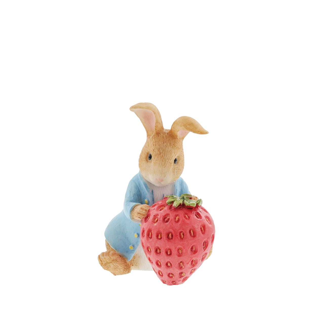 Beatrix Potter Peter Rabbit with Strawberry Figurine  Our mischievous and lovable bunny is ready to munch his way through this gigantic strawberry. This unique pose makes a treasured keepsake or gift for a Peter Rabbit lover. Created from newly drawn artworks helping to bring the featured character to life.