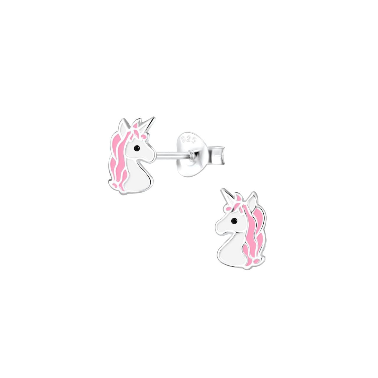 Enamelled sterling silver kids stud earrings with a pink unicorn design.