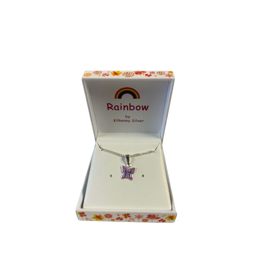 Enamelled sterling silver kids pendant with a purple butterfly design.