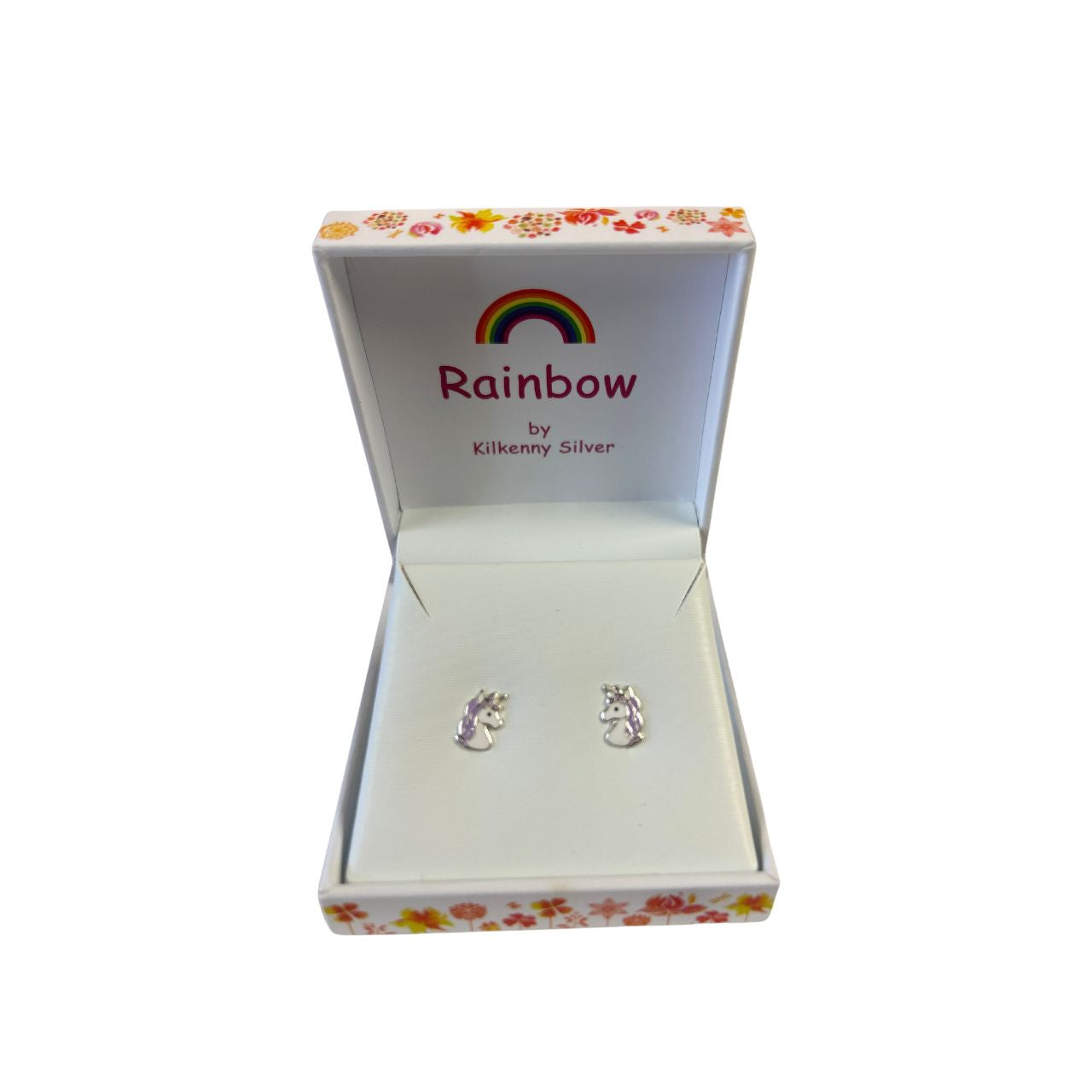 Enamelled sterling silver kids stud earrings with a purple unicorn design. These earrings are part of our “Rainbow” range and measure 8mm in height.