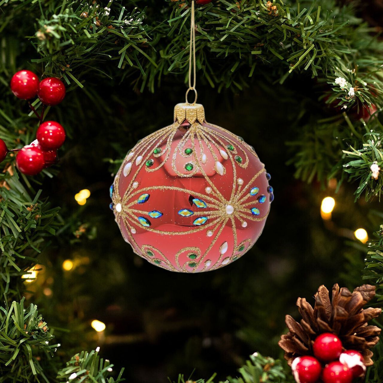 This ornate Christmas bauble exudes festive cheer and will stand out amongst the branches on the tree.