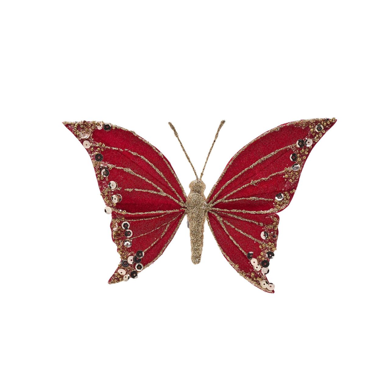 This Red Velvet Butterfly Clip is sure to bring an enchanting touch to walls over the festive period. This stunning accent piece features a vivid red butterfly with red and gold wings and is adorned with glittering sequins.