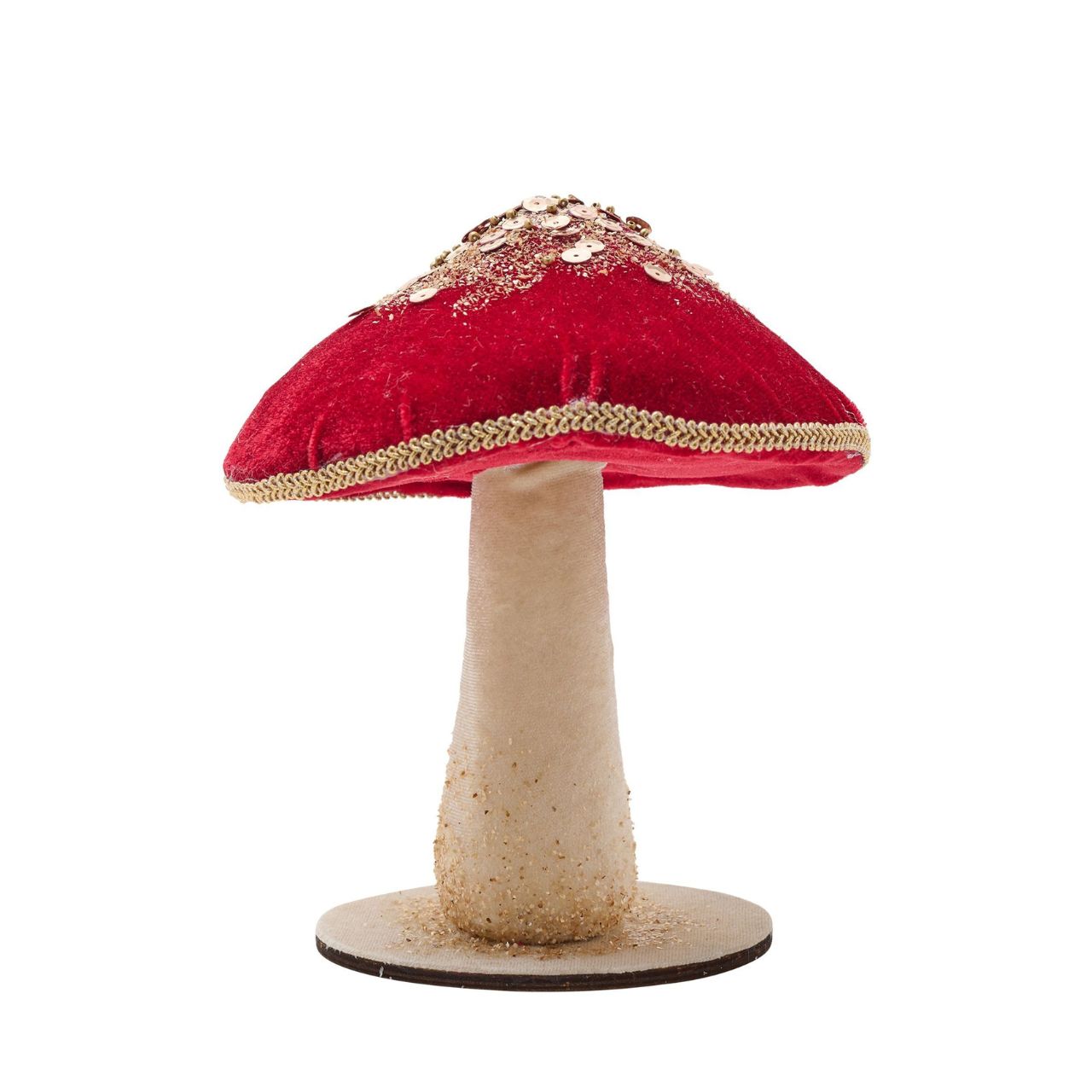 Transcend the ordinary with this Red Velvet mushroom ornament at Christmas. This eye-catching decoration features a vibrant red cap accented by dazzling gold sequins that sparkle in the light. The smooth white stem provides a crisp contrast to the shiny topper.