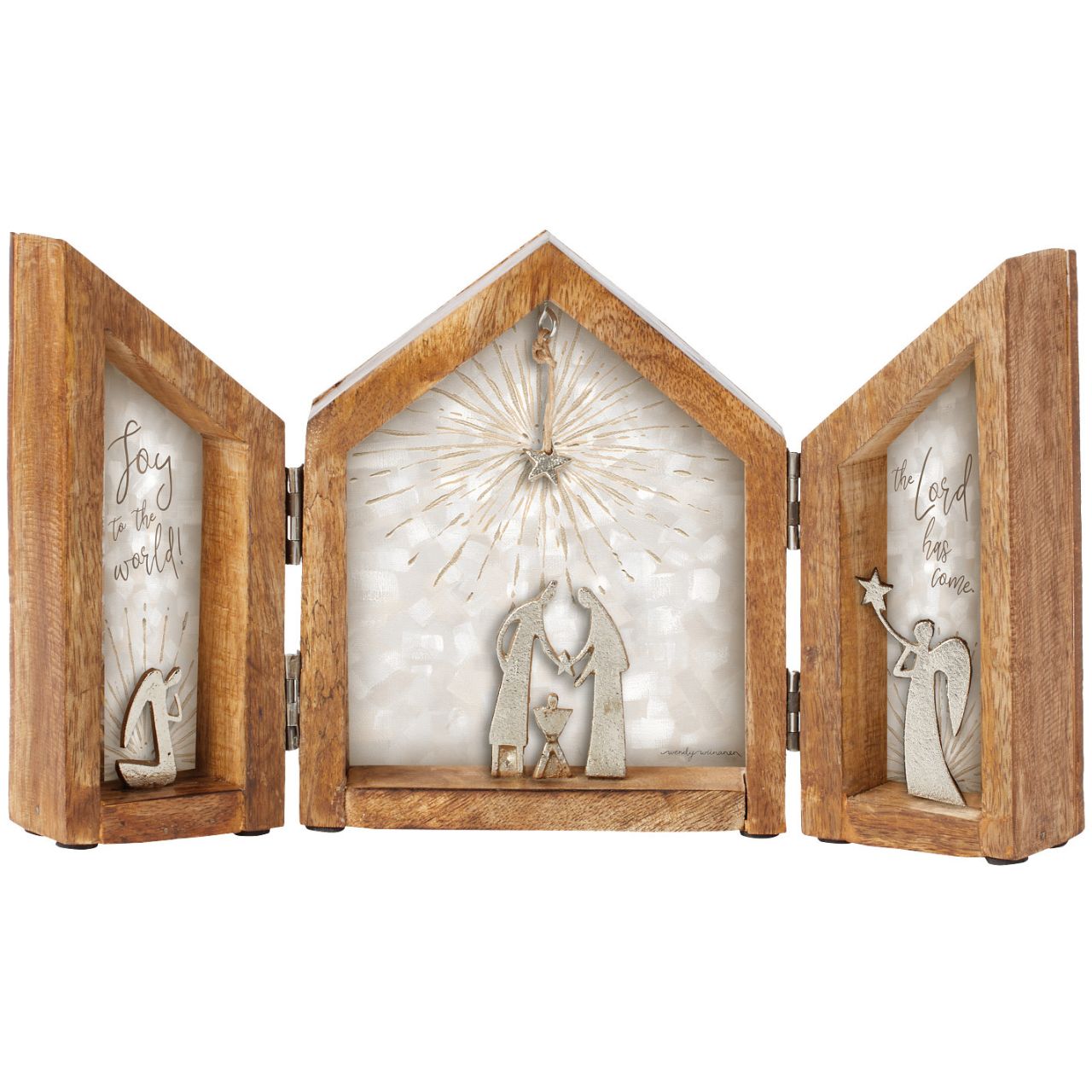 Artist, Wendy Wiinanen, crafts memorable moments of intrigue from mango wood and aluminium. This folding display not only frames the nativity space but also makes it easy for storing.