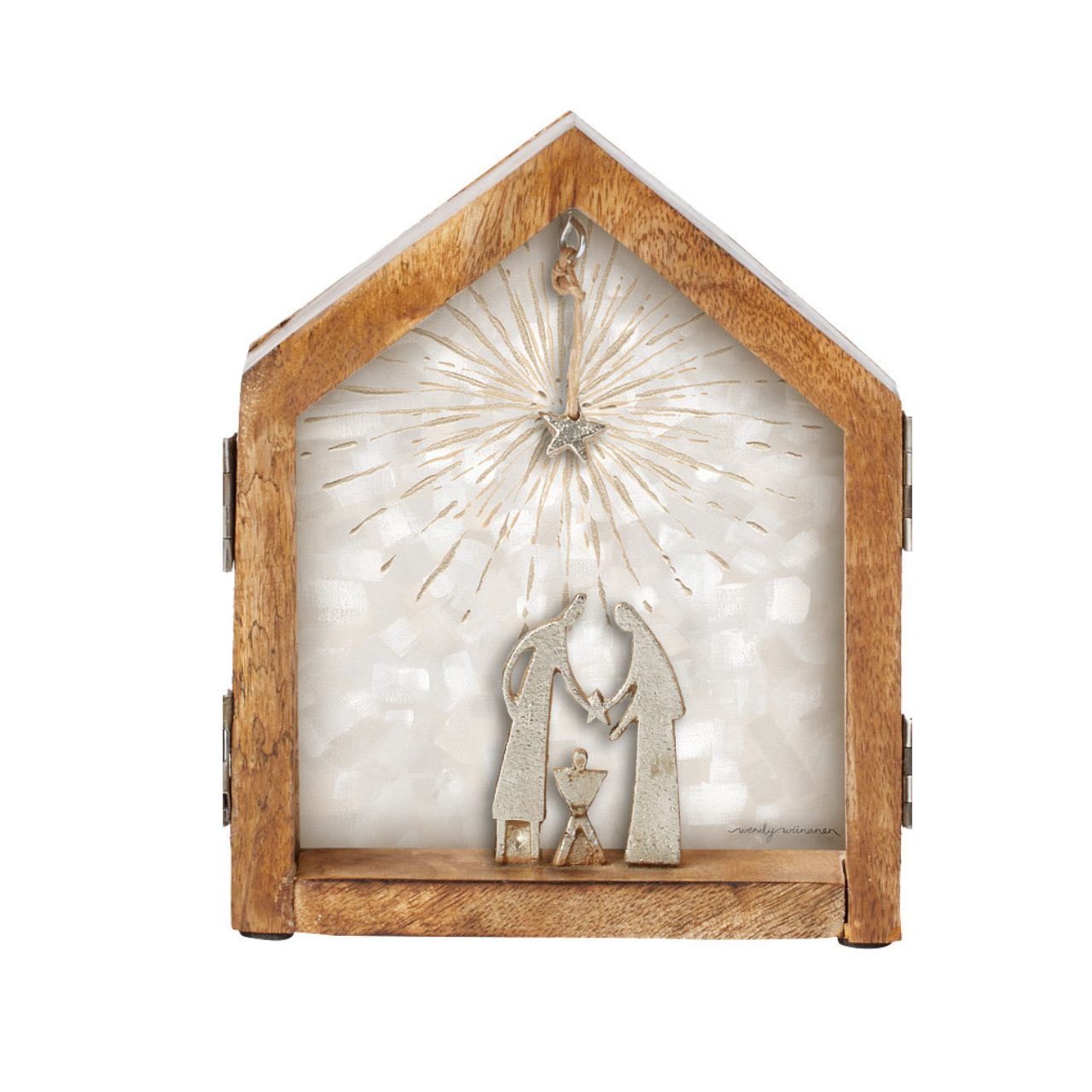 Artist, Wendy Wiinanen, crafts memorable moments of intrigue from mango wood and aluminium. This folding display not only frames the nativity space but also makes it easy for storing.