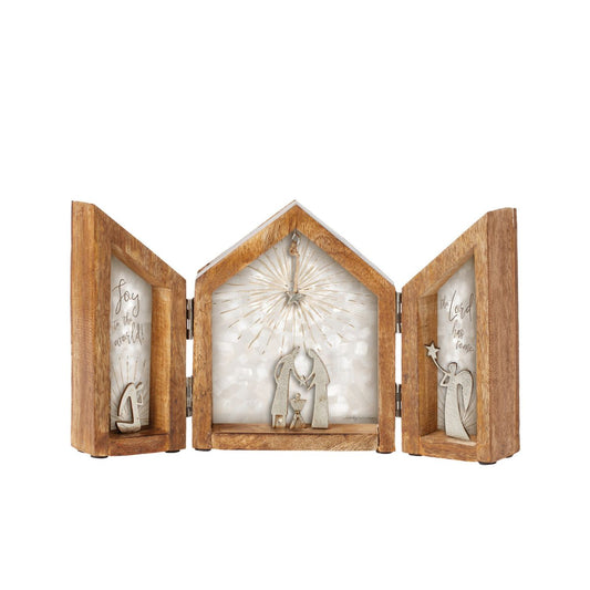 Artist, Wendy Wiinanen, crafts memorable moments of intrigue from mango wood and aluminium. This folding display not only frames the nativity space but also makes it easy for storing.