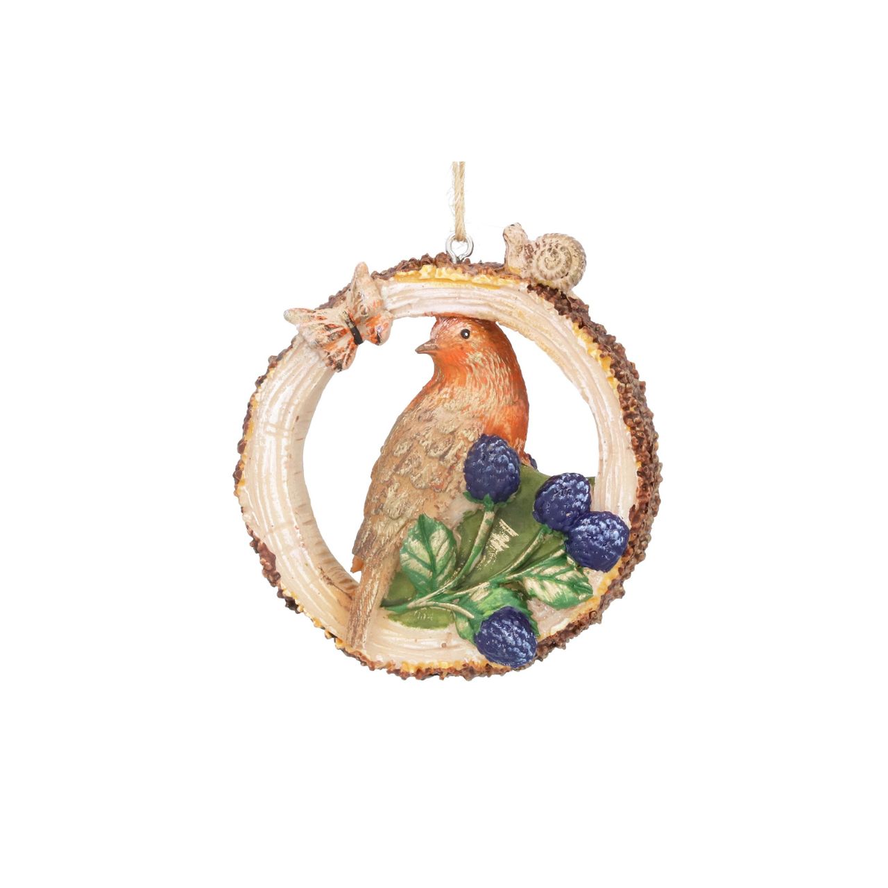 Add a touch of natural charm to your holiday décor with the Gisela Graham Robin in Log Ring w Berries Christmas Hanging Ornament. Crafted with expert precision, this ornament features a lifelike robin nestled within a log ring and adorned with festive berries. A perfect addition to any Christmas tree.