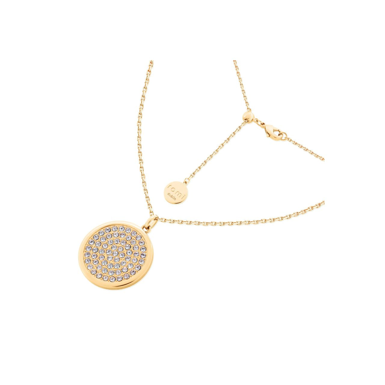 Showcase your sense of style with this beautiful Romi Gold Pave Disc Pendant. Crafted with exquisite attention to detail, this piece of jewellery is a timeless addition to any wardrobe. Both durable and elegant, ensuring it will remain a treasured item for many years to come.