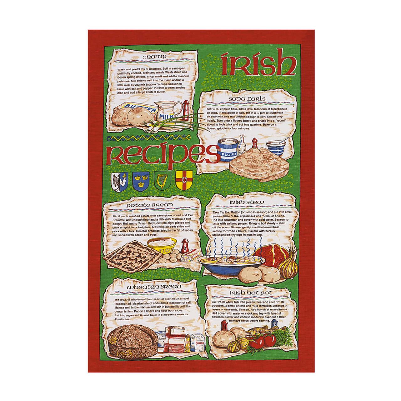 A traditional Irish tea towel inheriting a variety of well known Irish recipes. A beautiful Irish souvenir with vibrant red and green tones, including hand drawn and written motifs. Read easily whilst you cook with it's practical easy hang loop!