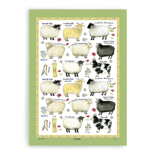 Inspired by our beautiful rural countryside, this hand drawn Cotton Tea Towel is perfect for any lover of farmyard animals. Displaying a variety of adorable Sheep Breeds, complimented by a vibrant green border.