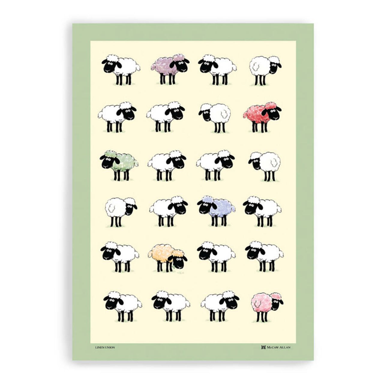 One of our many beautifully designed sheep inspired tea towels, with this special edition being 100% Linen Union in design Sheepish. This beautiful countryside kitchenware accessory includes a variety of hand painted sheep characters with hints of purple, red, blue and more! Complimented with a vibrant light green border and cream background. A great tea towel for any lover of the country!