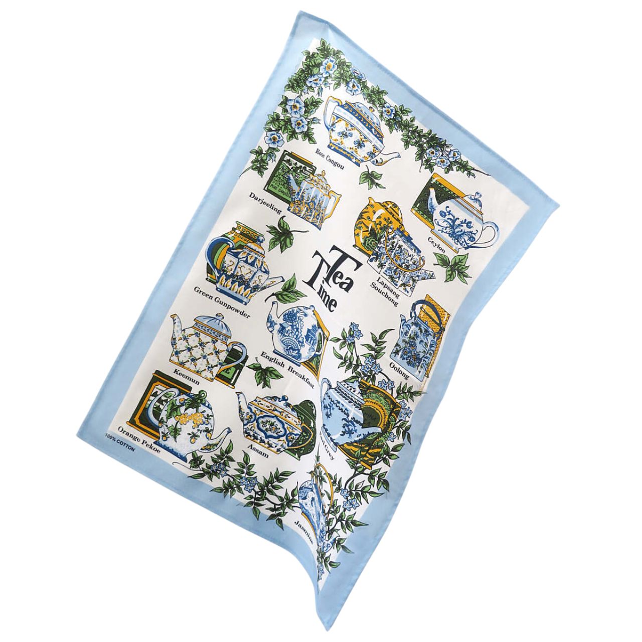 This beautifully hand drawn traditional Tea Time Cotton Tea Towel with elegant intricately designed crockery, complimented by delicate baby blue florals and earthy greens. This magnificent design is perfect for any lady or gent with a love of afternoon tea!